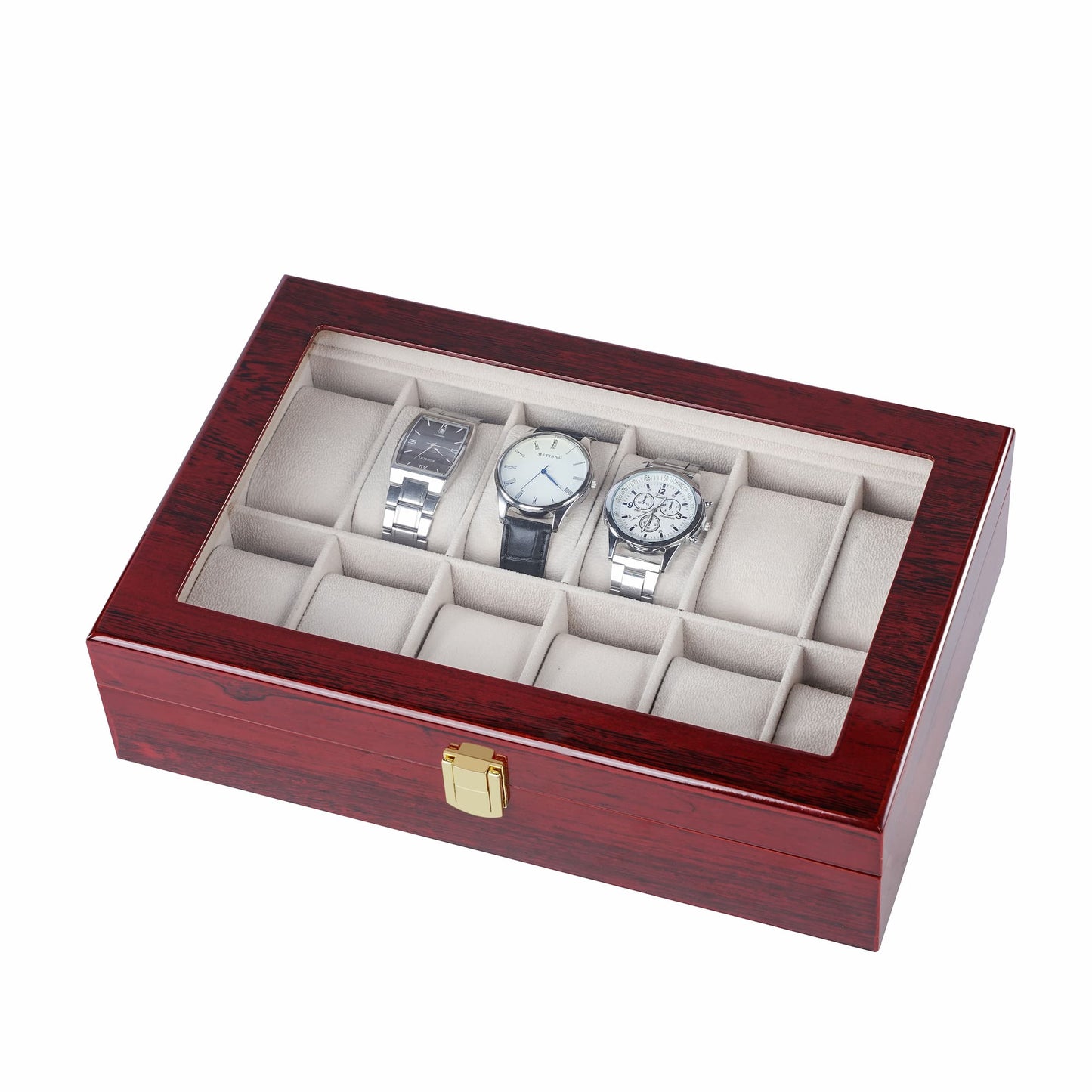 High-end Wooden Watch Box 12 Slots with Real Glass Window Spray Paint Red Watch Display Box