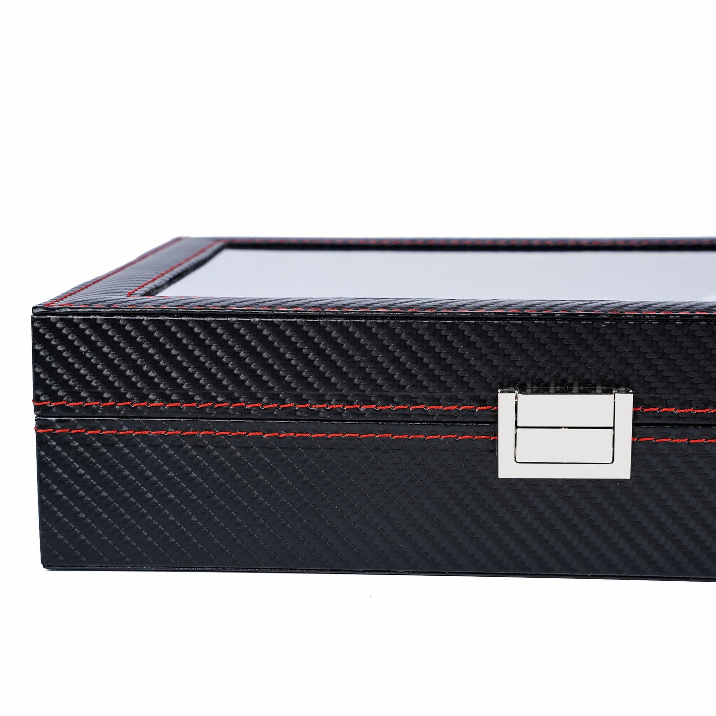 12-slot Professional Black Carbon Fiber Leather Wrist Watch Organizer Display Storage Box With Red Sewing