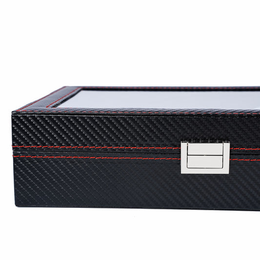 12-slot Professional Black Carbon Fiber Leather Wrist Watch Organizer Display Storage Box With Red Sewing