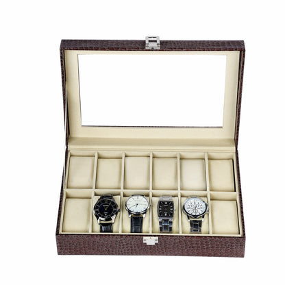 12 slots watch storage case brown crocodile grained pu leather watch  box with real glass lid