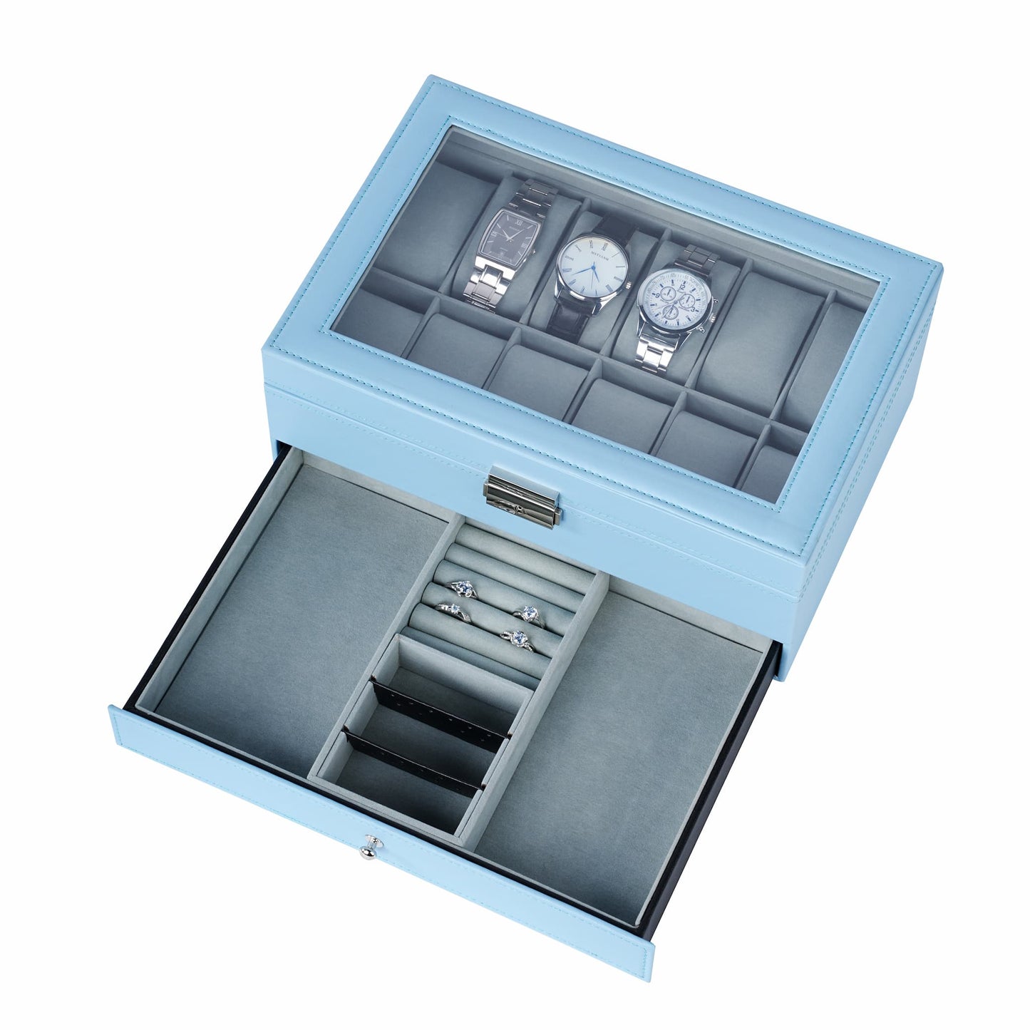 12 Slots Deluxe Blue Watch Box Organizer Showcase PULeather Jewellery Bracelet Necklace Ring Double Storage Case
