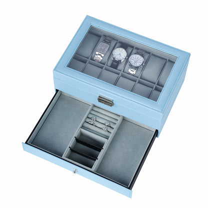12 Slots Deluxe Blue Watch Box Organizer Showcase PULeather Jewellery Bracelet Necklace Ring Double Storage Case