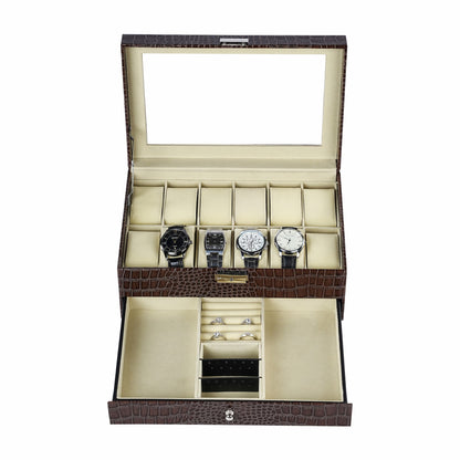 12 Slots Brown Crocodile Grained Watch Box Organiser Display Leather Jewellery Bracelet Necklace Ring Double Storage Case
