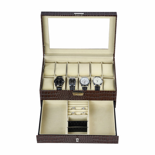 12 Slots Brown Crocodile Grained Watch Box Organiser Display Leather Jewellery Bracelet Necklace Ring Double Storage Case