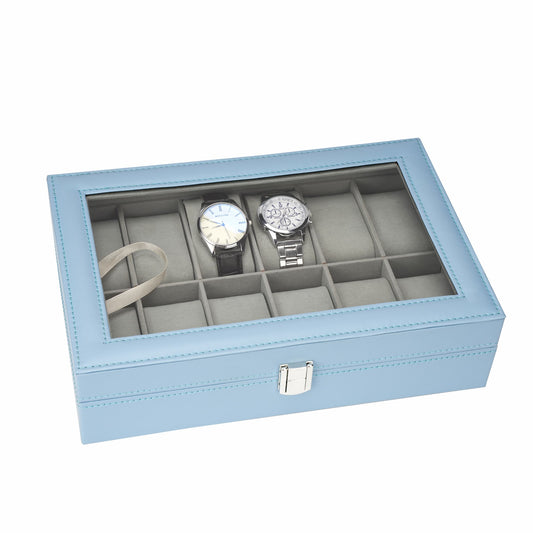 12 Slots High-end Blue PU Leather Watch Display Case with Real Glass Lid Men's Gift Watch Packaging Box
