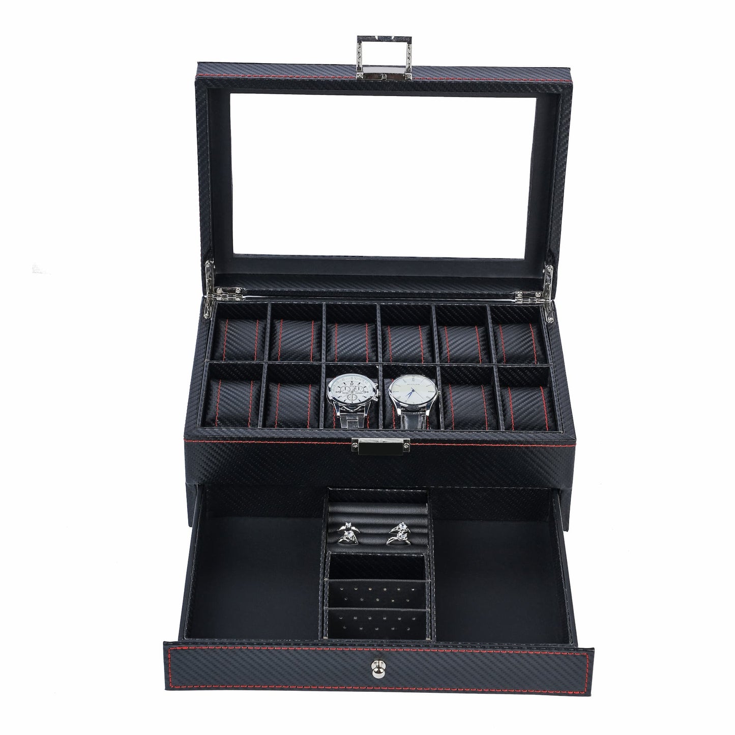 12 Slots Luxury Black Carbon Fiber Watch Box Jewelry Organizer Case Jewelry Bracelet Necklace Ring Double Layer Storage Box