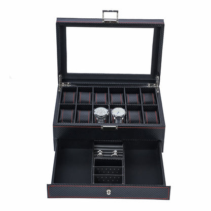 12 Slots Luxury Black Carbon Fiber Watch Box Jewelry Organizer Case Jewelry Bracelet Necklace Ring Double Layer Storage Box