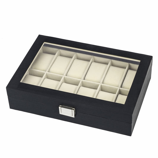 12 Slots Watch Organizer Case Black Herringbone PU Leather Watch Box with Real Glass Lid