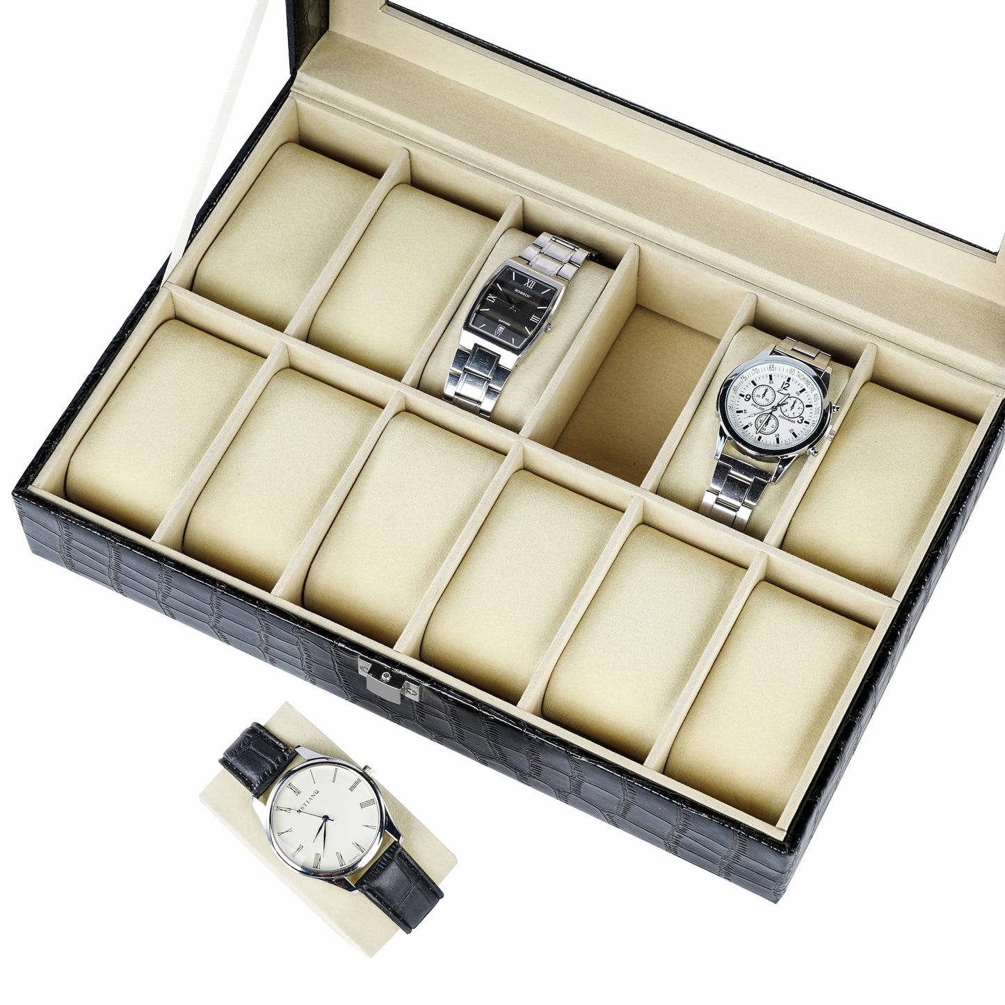 12 Slots Watch Organizer Black Crocodile Grained PU Leather Watch Box With Real Glass Lid