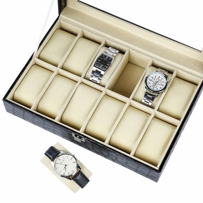 12 Slots Watch Organizer Black Crocodile Grained PU Leather Watch Box With Real Glass Lid