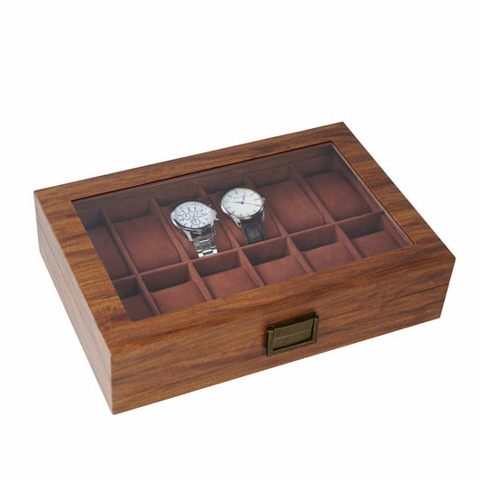 12 Slots Watch Organizer Case Brown Fancy Paper Watch box With Real Glass Lid