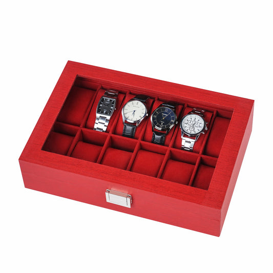 Newest arrival 12-slot red watch organizer box facotry direct supply watch case with real glass lid