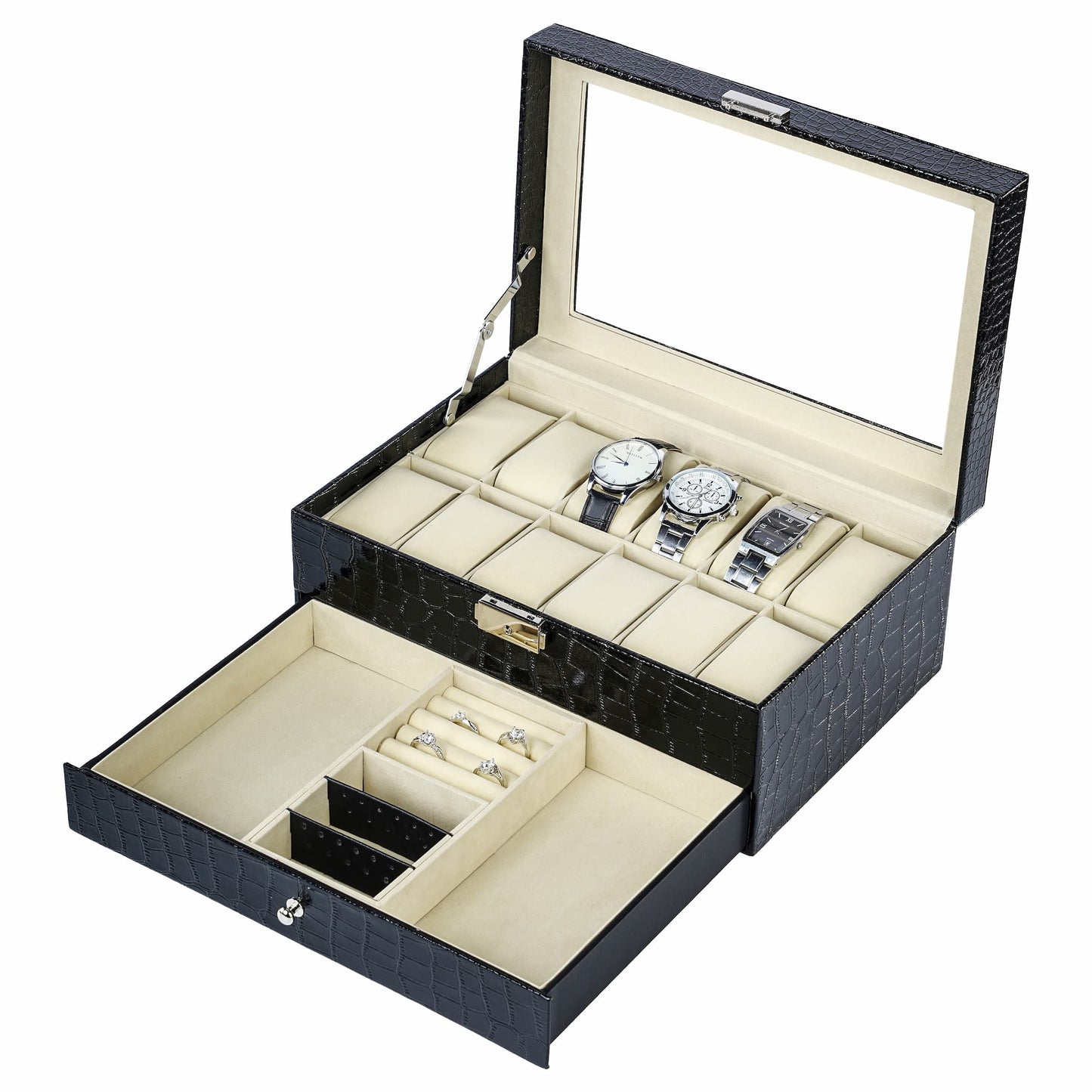 Double Layer 12 Slots Watch Box Organizer Display Case Black Crocodile Grained Leather Jewellery Bracelet Necklace Ring Double Storage Case