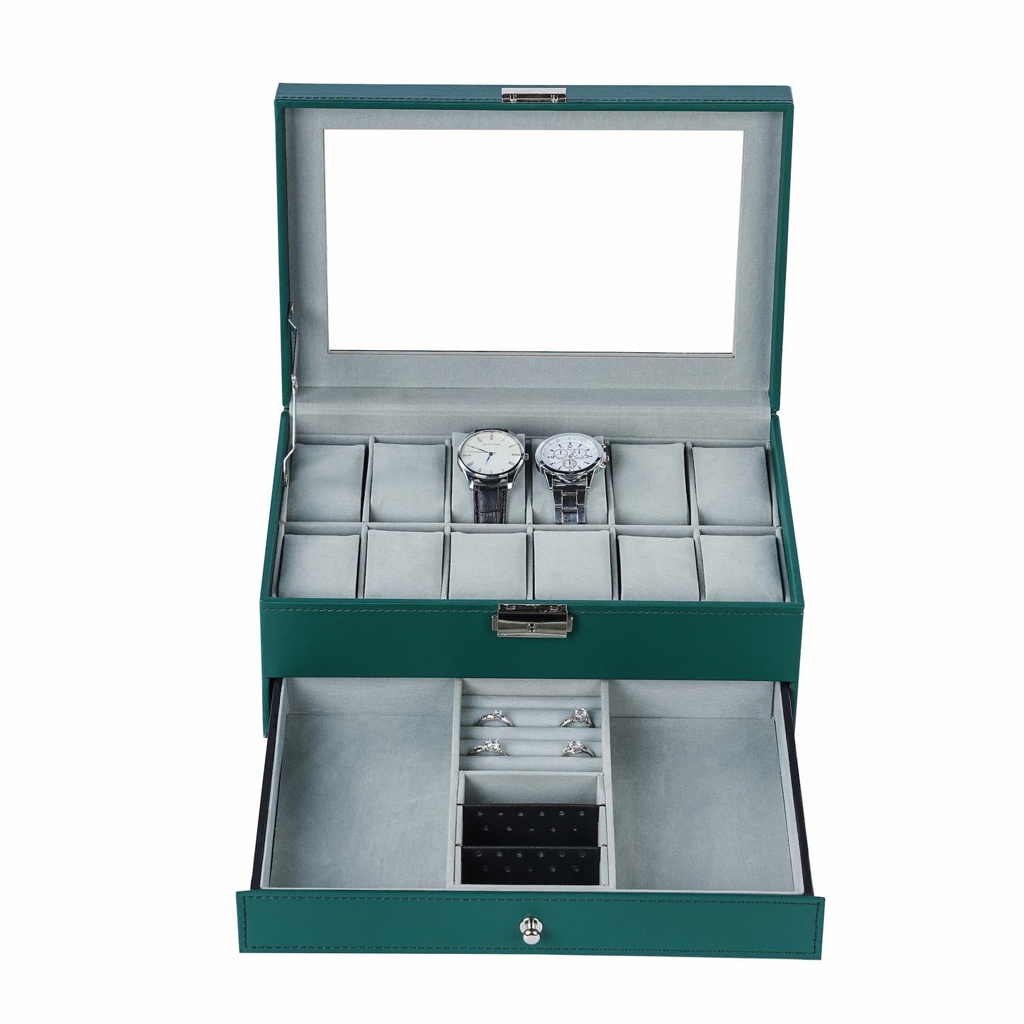 Factory Supply 12 Slots Deluxe Green Watch Box Organizer Display Leather Jewellery Bracelets Necklaces Rings Double Storage Boxes