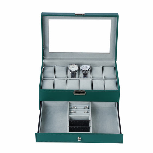 Factory Supply 12 Slots Deluxe Green Watch Box Organizer Display Leather Jewellery Bracelets Necklaces Rings Double Storage Boxes