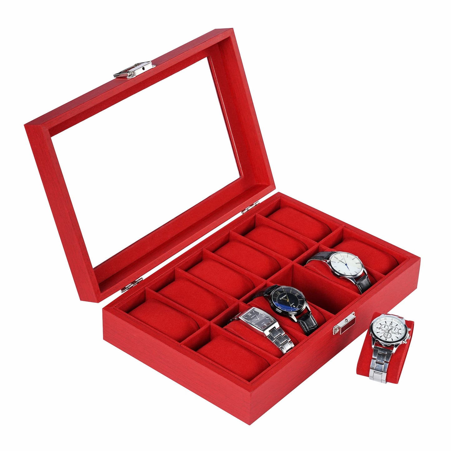 Newest arrival 12-slot red watch organizer box facotry direct supply watch case with real glass lid