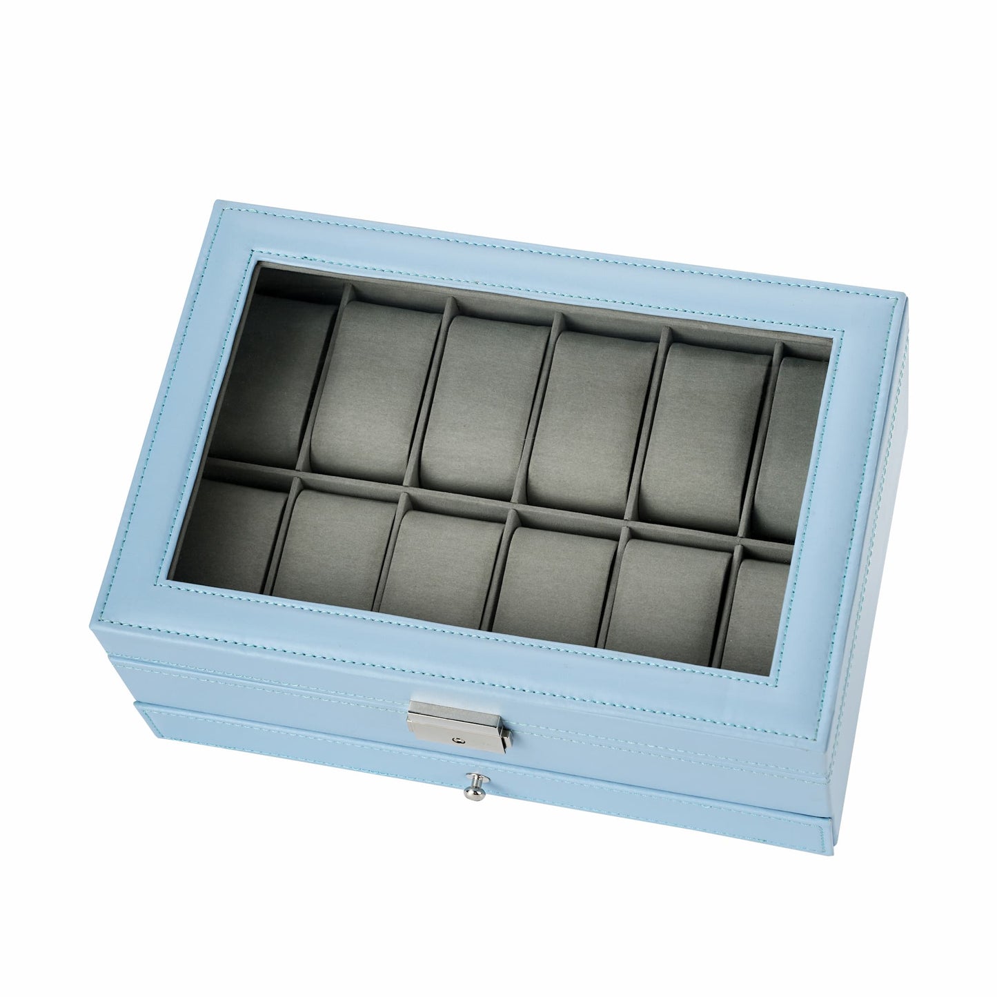 12 Slots Deluxe Blue Watch Box Organizer Showcase PULeather Jewellery Bracelet Necklace Ring Double Storage Case