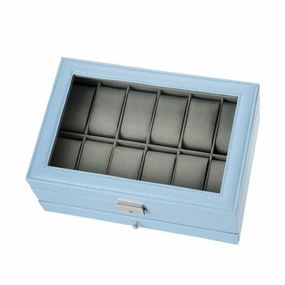 12 Slots Deluxe Blue Watch Box Organizer Showcase PULeather Jewellery Bracelet Necklace Ring Double Storage Case