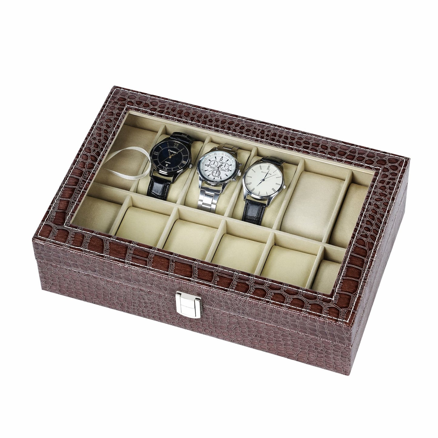 12 slots watch storage case brown crocodile grained pu leather watch  box with real glass lid