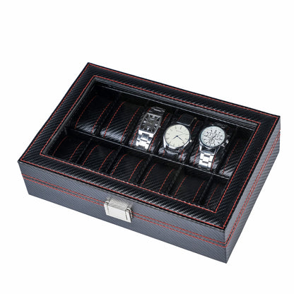 12-slot Professional Black Carbon Fiber Leather Wrist Watch Organizer Display Storage Box With Red Sewing