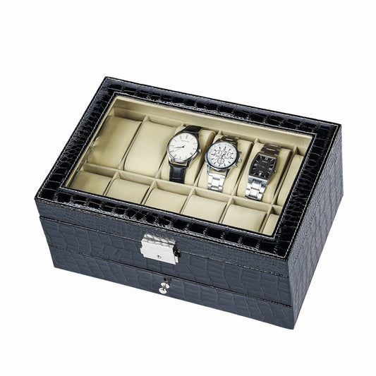 Double Layer 12 Slots Watch Box Organizer Display Case Black Crocodile Grained Leather Jewellery Bracelet Necklace Ring Double Storage Case