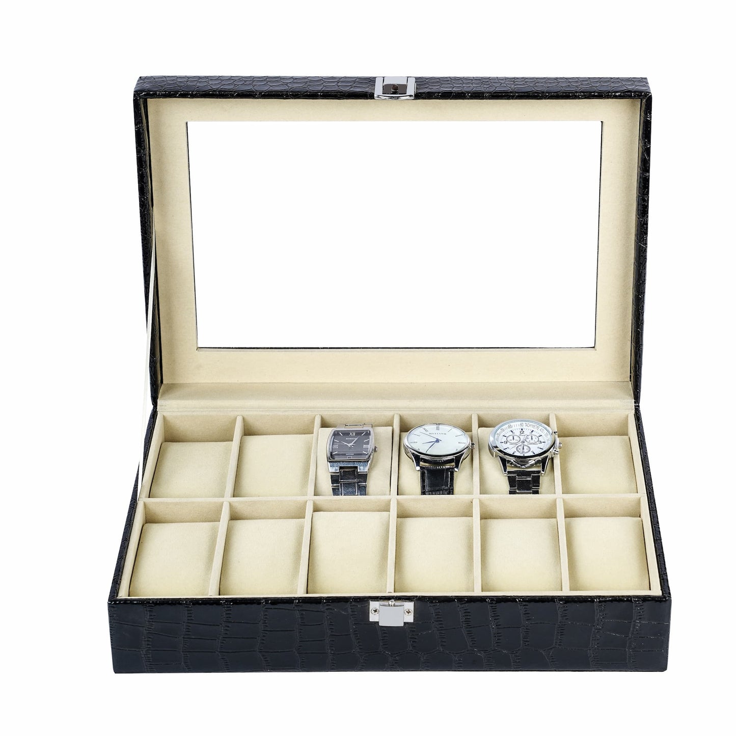 12 Slots Watch Organizer Black Crocodile Grained PU Leather Watch Box With Real Glass Lid