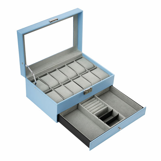 12 Slots Deluxe Blue Watch Box Organizer Showcase PULeather Jewellery Bracelet Necklace Ring Double Storage Case