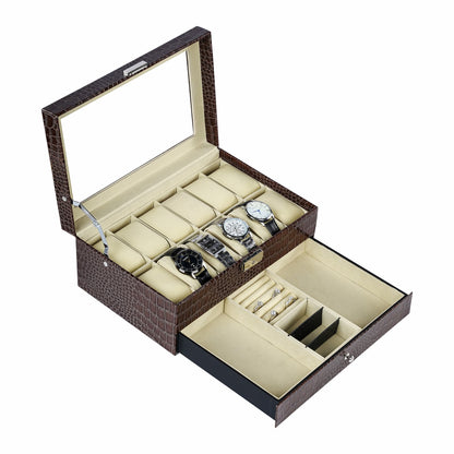 12 Slots Brown Crocodile Grained Watch Box Organiser Display Leather Jewellery Bracelet Necklace Ring Double Storage Case