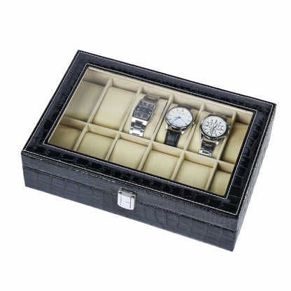 12 Slots Watch Organizer Black Crocodile Grained PU Leather Watch Box With Real Glass Lid
