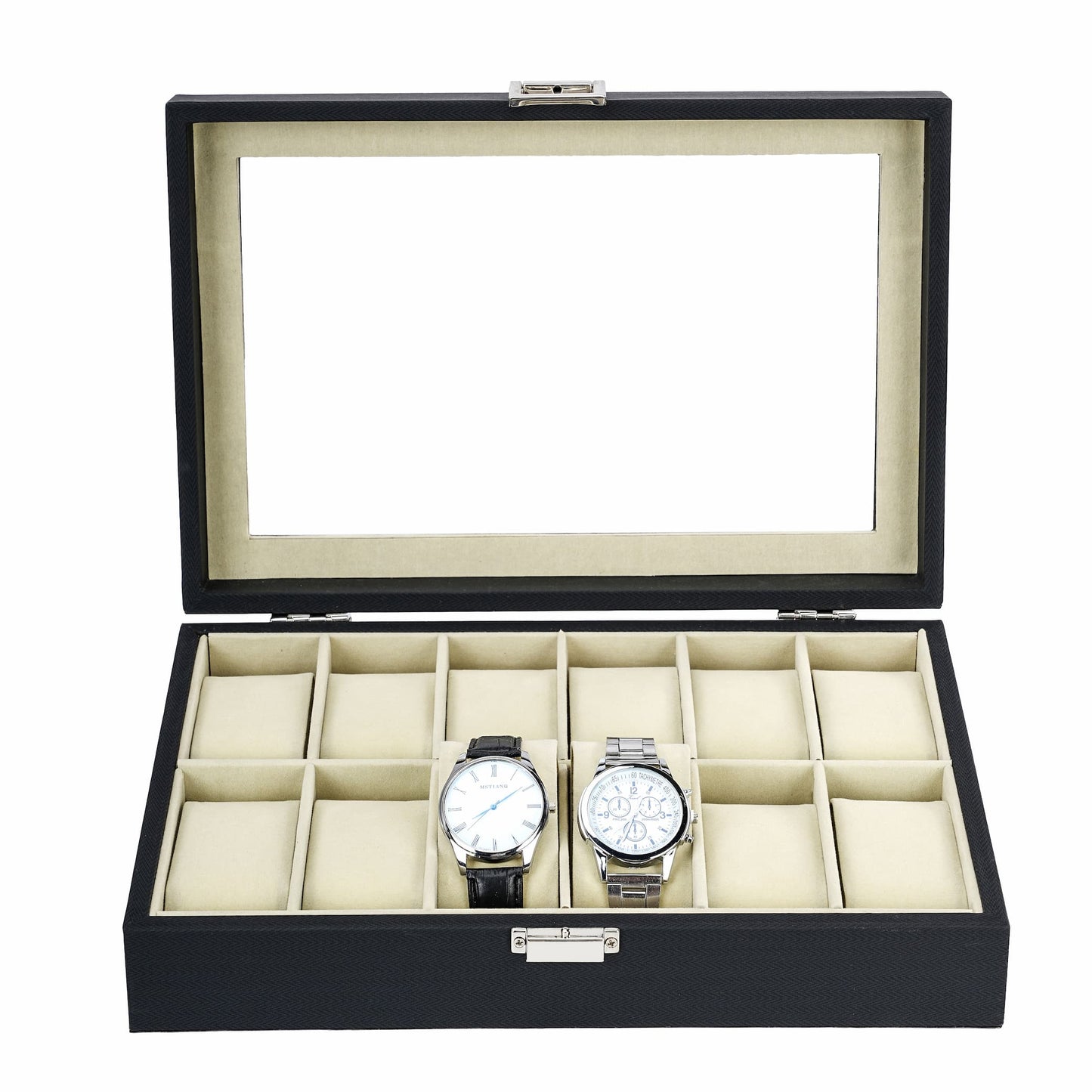 12 Slots Watch Organizer Case Black Herringbone PU Leather Watch Box with Real Glass Lid