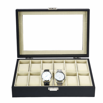 12 Slots Watch Organizer Case Black Herringbone PU Leather Watch Box with Real Glass Lid
