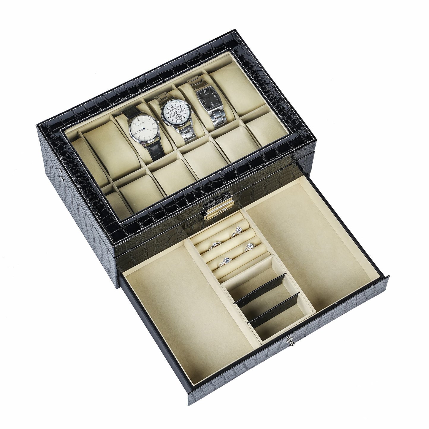Double Layer 12 Slots Watch Box Organizer Display Case Black Crocodile Grained Leather Jewellery Bracelet Necklace Ring Double Storage Case