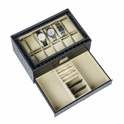 Double Layer 12 Slots Watch Box Organizer Display Case Black Crocodile Grained Leather Jewellery Bracelet Necklace Ring Double Storage Case