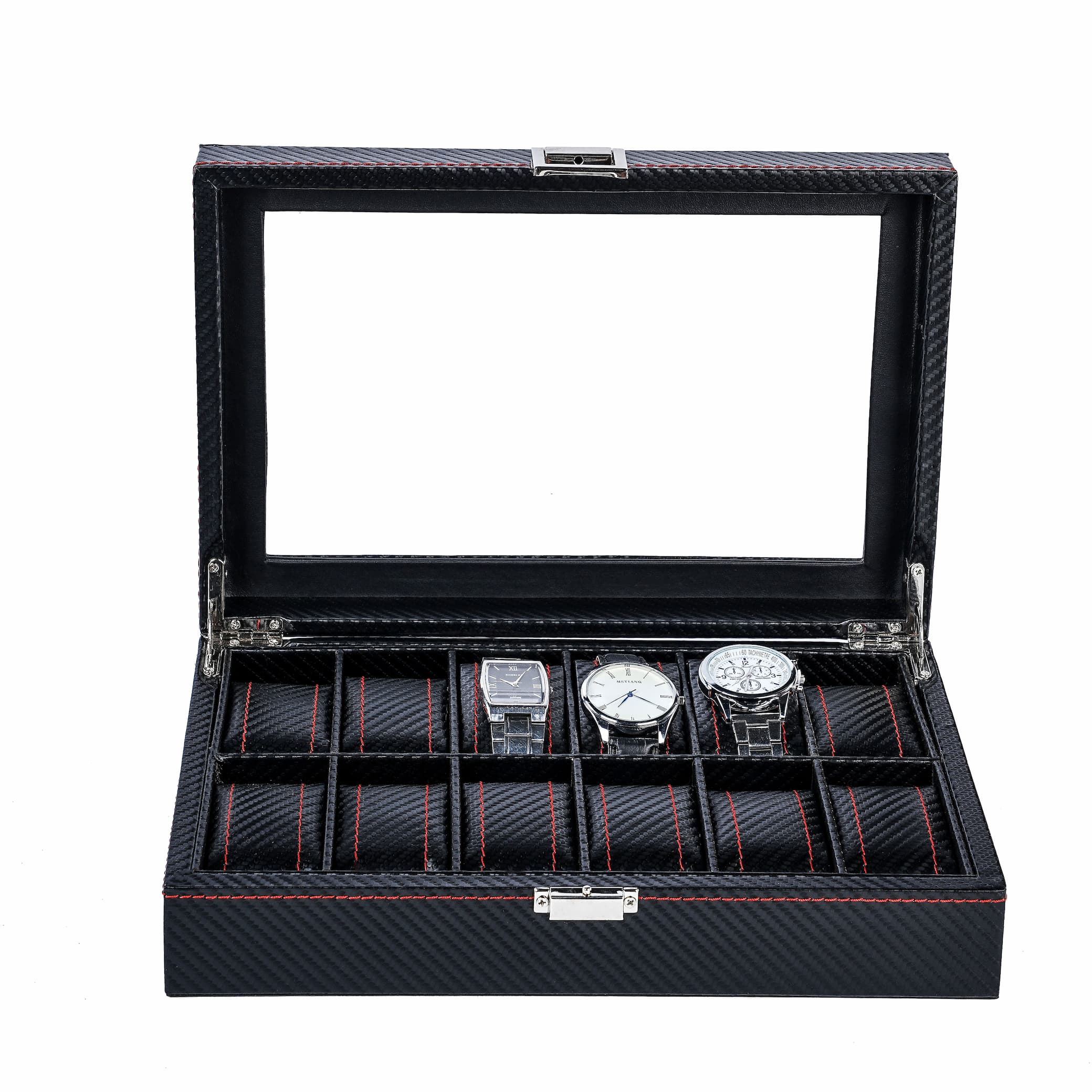 12-slot Professional Black Carbon Fiber Leather Wrist Watch Organizer Display Storage Box With Red Sewing