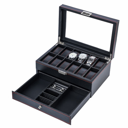 12 Slots Luxury Black Carbon Fiber Watch Box Jewelry Organizer Case Jewelry Bracelet Necklace Ring Double Layer Storage Box