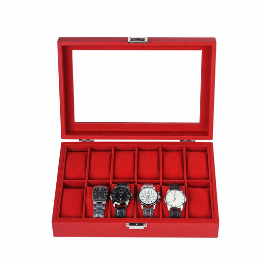 Newest arrival 12-slot red watch organizer box facotry direct supply watch case with real glass lid