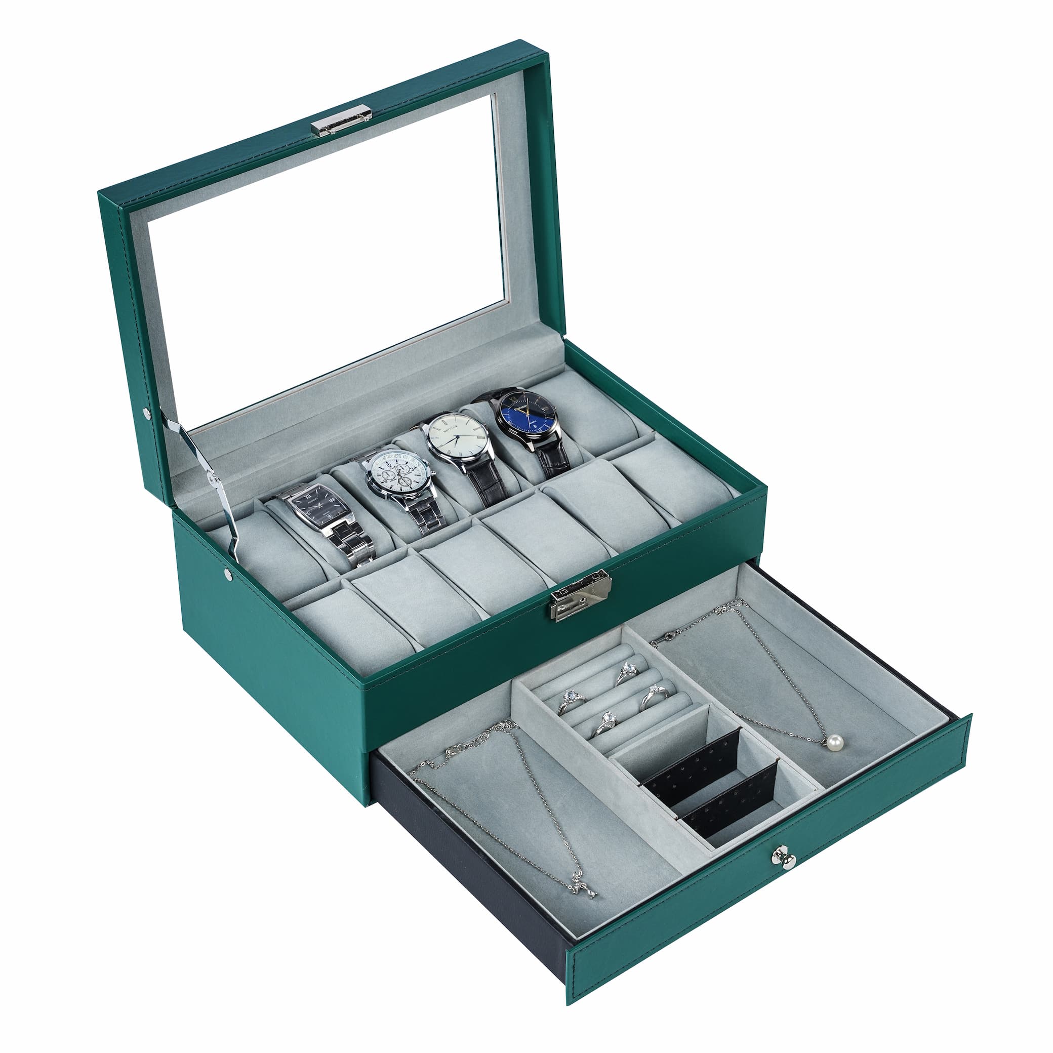 Factory Supply 12 Slots Deluxe Green Watch Box Organizer Display Leather Jewellery Bracelets Necklaces Rings Double Storage Boxes