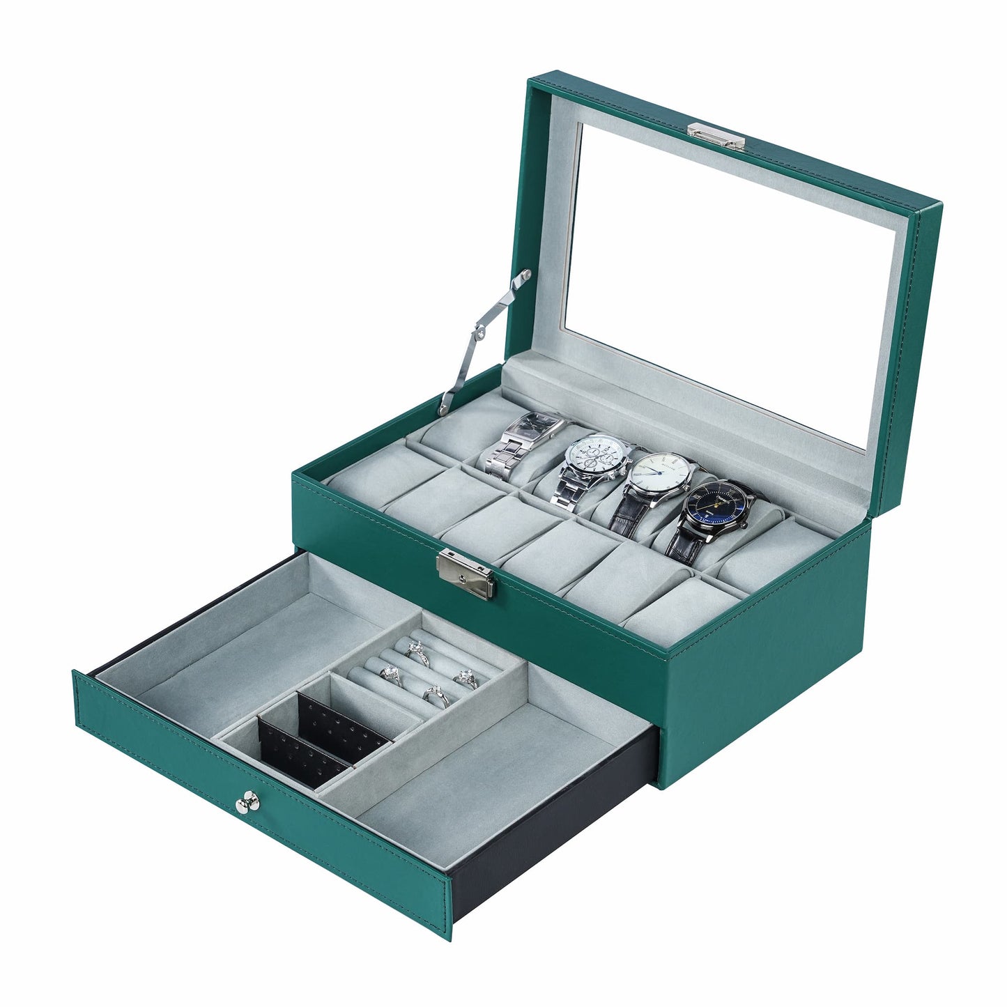 Factory Supply 12 Slots Deluxe Green Watch Box Organizer Display Leather Jewellery Bracelets Necklaces Rings Double Storage Boxes