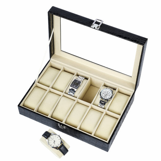 12 Slots Watch Organizer Black Crocodile Grained PU Leather Watch Box With Real Glass Lid