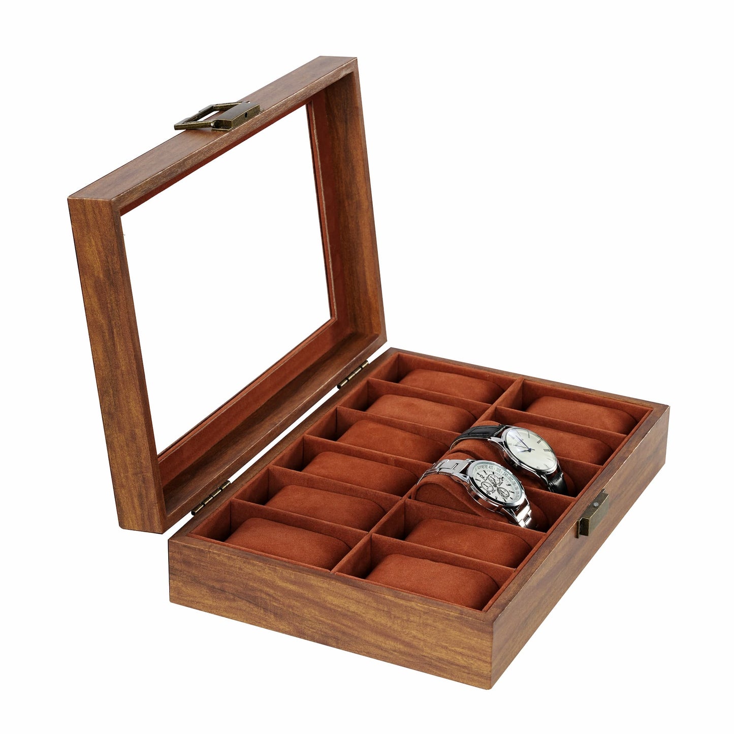 12 Slots Watch Organizer Case Brown Fancy Paper Watch box With Real Glass Lid