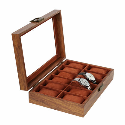 12 Slots Watch Organizer Case Brown Fancy Paper Watch box With Real Glass Lid