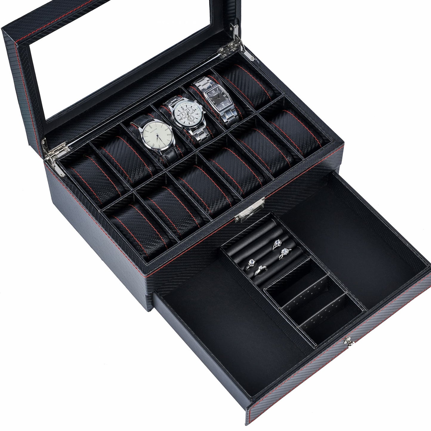 12 Slots Luxury Black Carbon Fiber Watch Box Jewelry Organizer Case Jewelry Bracelet Necklace Ring Double Layer Storage Box