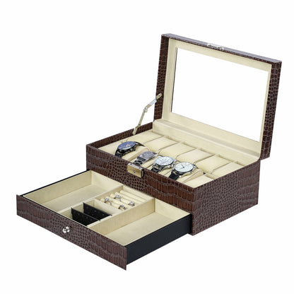 12 Slots Brown Crocodile Grained Watch Box Organiser Display Leather Jewellery Bracelet Necklace Ring Double Storage Case