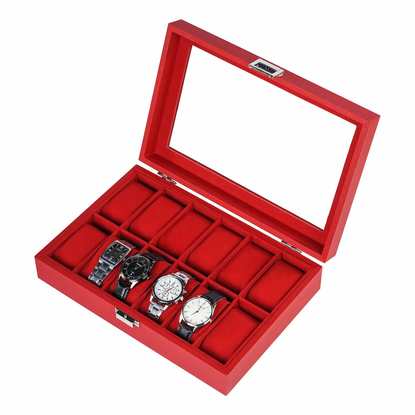 Newest arrival 12-slot red watch organizer box facotry direct supply watch case with real glass lid