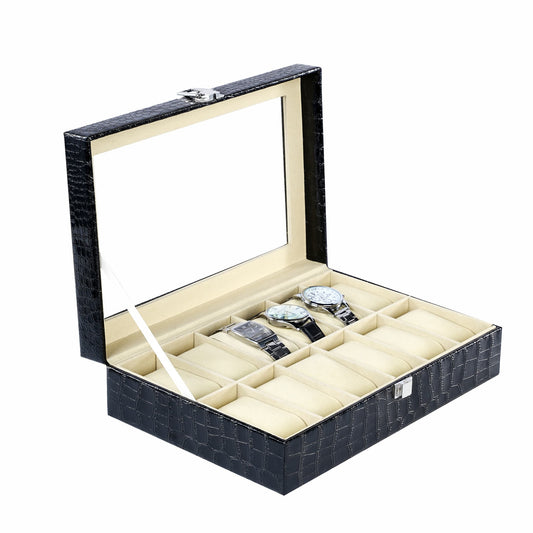12 Slots Watch Organizer Black Crocodile Grained PU Leather Watch Box With Real Glass Lid