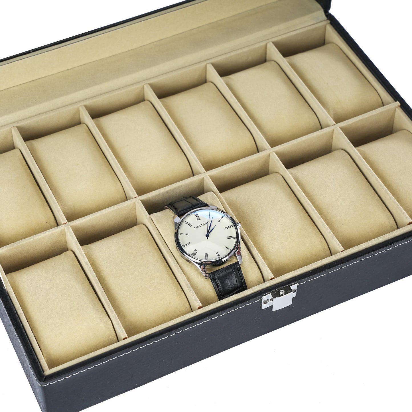 Watch box manufacturer supplied faux leather 12 slots watch storage organizer case with real glass lid