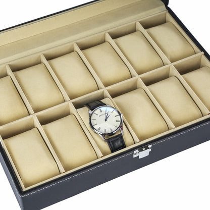Watch box manufacturer supplied faux leather 12 slots watch storage organizer case with real glass lid