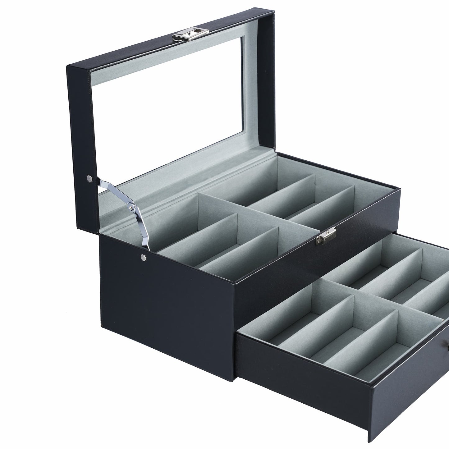 12 Slots Black Pinstripe Faux PU Leather Double Organizer Eyeglasses Storage Case