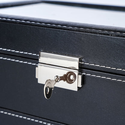 12 Slots Black Pinstripe Watch Box Storage Display Leather Jewellery Bracelet Necklace Ring Double Storage Case