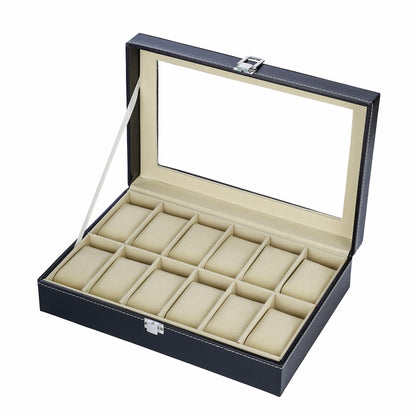 Watch box manufacturer supplied faux leather 12 slots watch storage organizer case with real glass lid